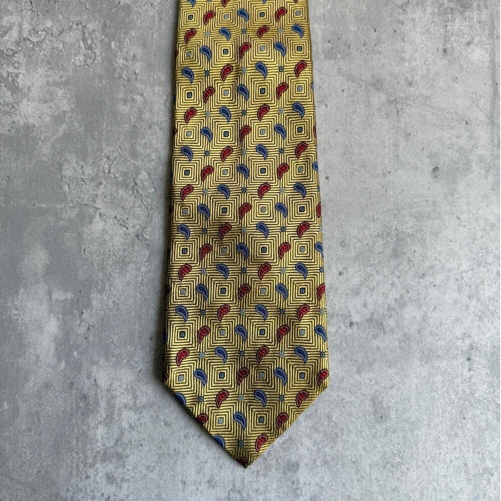 Barneys New York Silk Tie Gold Red Blue Geometric Paisley Motif Hand Made Italy